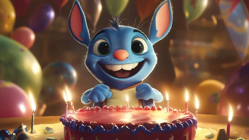 Cerulean Grin Celebrates: Joyful Blue Creature With Birthday Cake.
