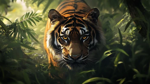 Tiger moves forward through dense jungle foliage in daylight