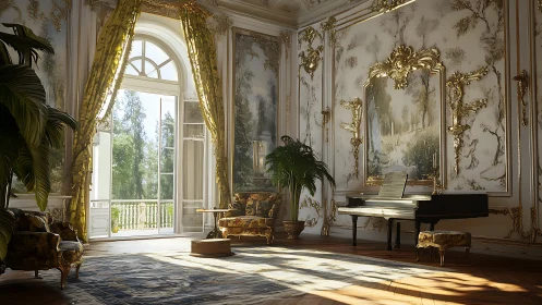 Ornate salon interior with grand piano and tall window.