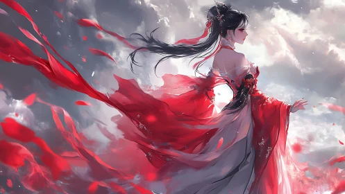 Graceful sky dancer wrapped in flowing crimson ribbons.