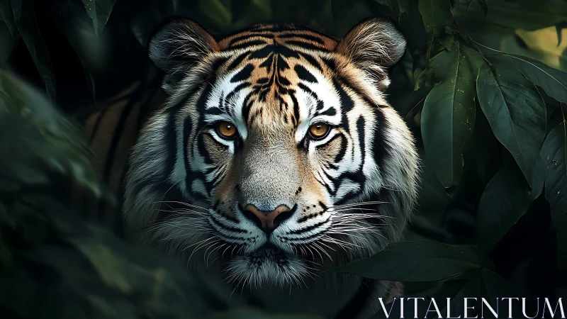 Tiger face framed by dark jungle leaves in close focus.