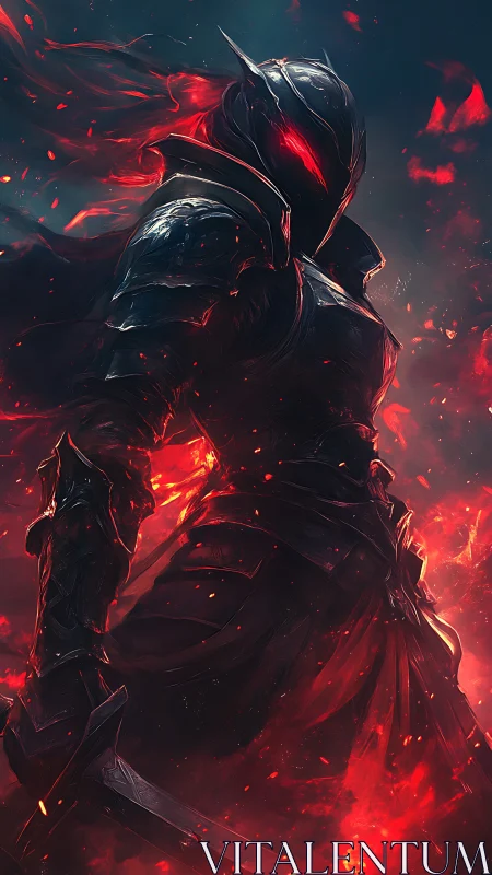 Armored infernal knight stands amid embers in dynamic chiaroscuro