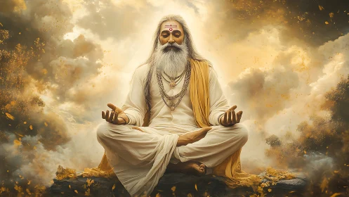 Radiant yogic sage in luminous atmospheric meditation field.