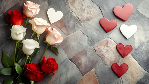 Red, Cream, Pink Roses with Heart Decorations on Stone
