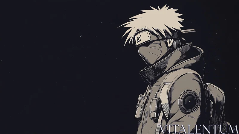 Monochrome anime soldier portrait uses stark rim lighting and flat shading
