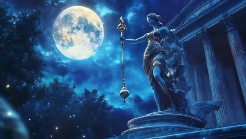 Moonlit statue of justice stands before classical courthouse