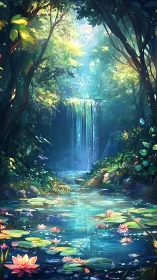 Luminous forest waterfall over reflective lily pond at dawn