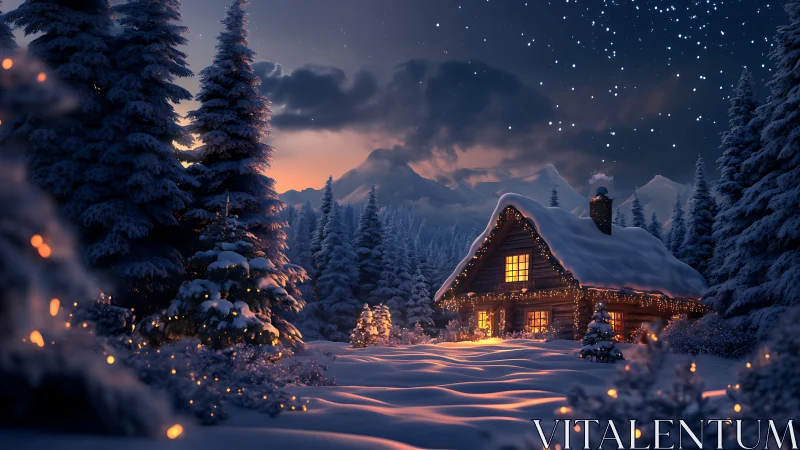 Snow-laden cabin glows under starry twilight in stylized 3D render