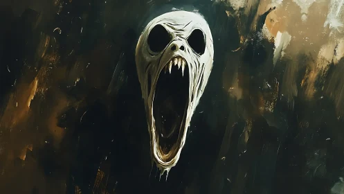 Elongated spectral skull screams against chaotic abstract void