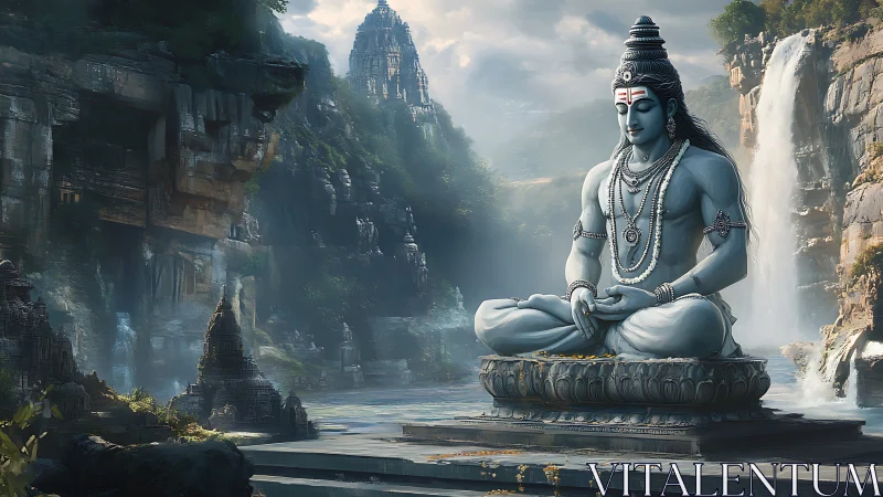 Serene blue deity statue in rocky riverside temple valley.