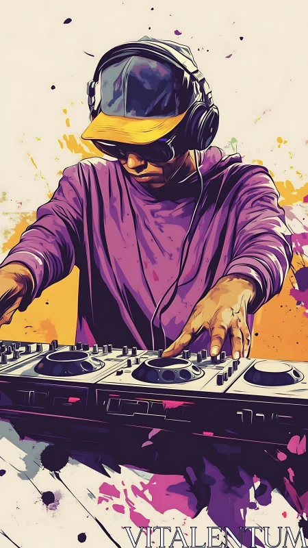 DJ in purple hoodie mixing tracks on colorful console.