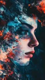 Vivid side profile portrait merged with abstract paint