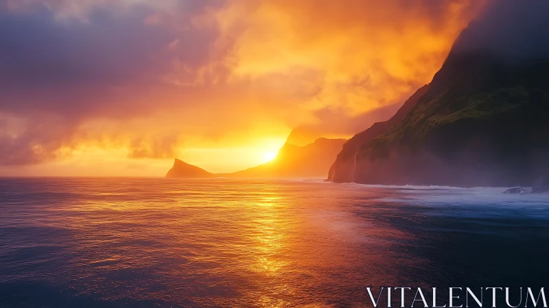 Photorealistic coastal sunset with luminous atmospheric depth.
