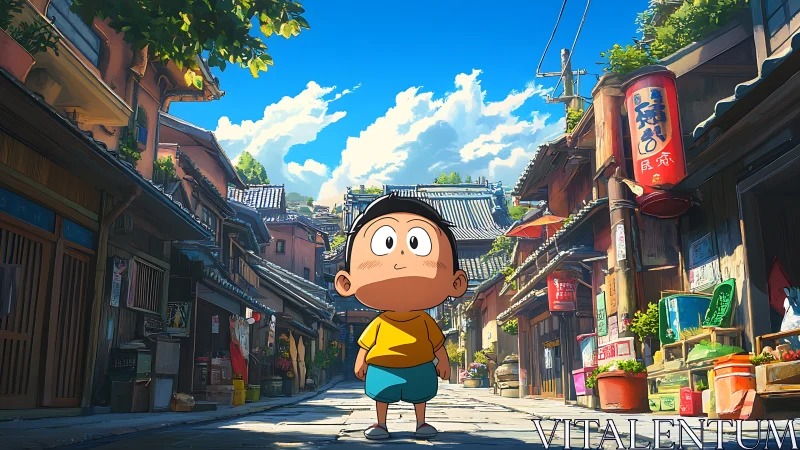 Anime child in sunlit traditional alleyway, high-color rendering.