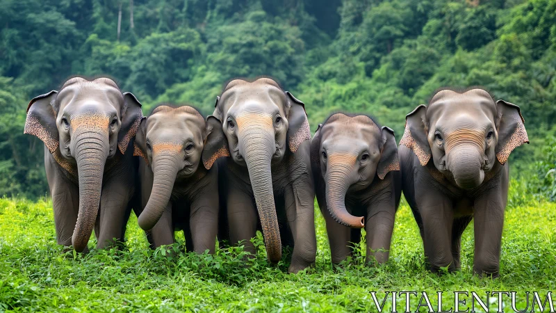 Photorealistic elephant line in lush tropical forest clearing.