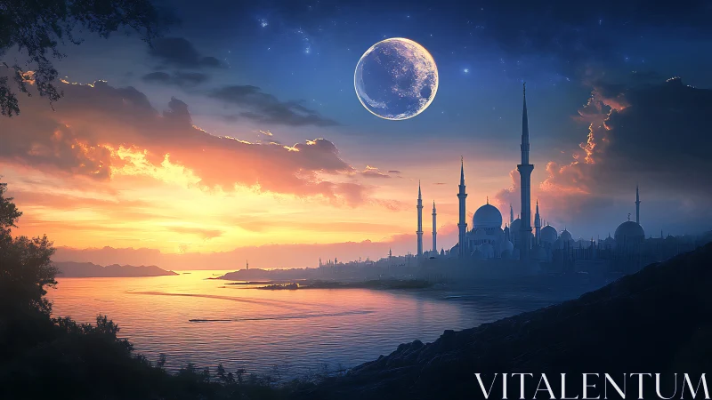 Moonlit mosque skyline overlooks calm water at sunset