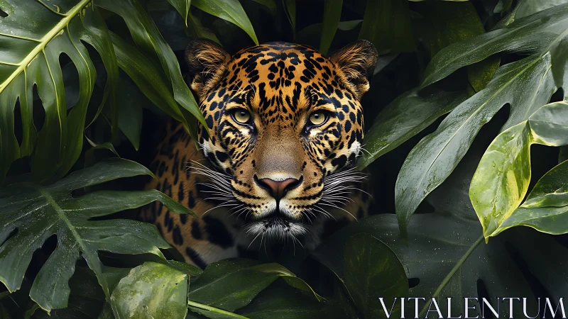 Jaguar portrait framed by lush tropical monstera foliage.