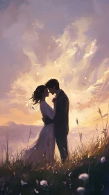 Couple's Sunset Embrace in Wildflower Field