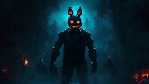 Midnight pumpkin-creature march through a haunted forest.