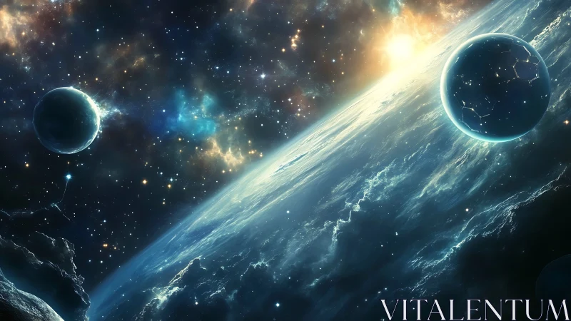 Concept art cosmic horizon with fractured planetary spheres.