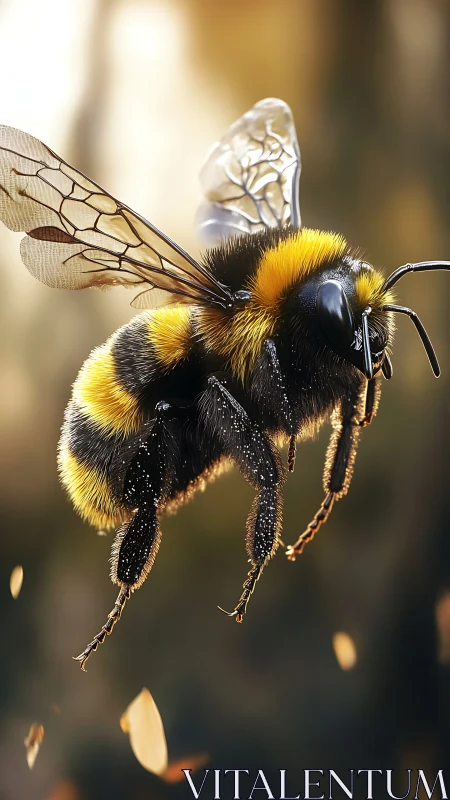 Photorealistic macro study of a bee in suspended flight.