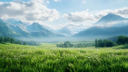 Mountain valley landscape with grass meadow and clouds.
