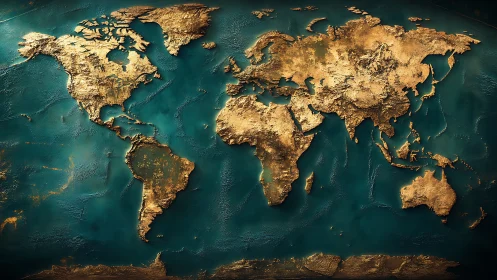 Textured gold world map on teal ocean background wall art.