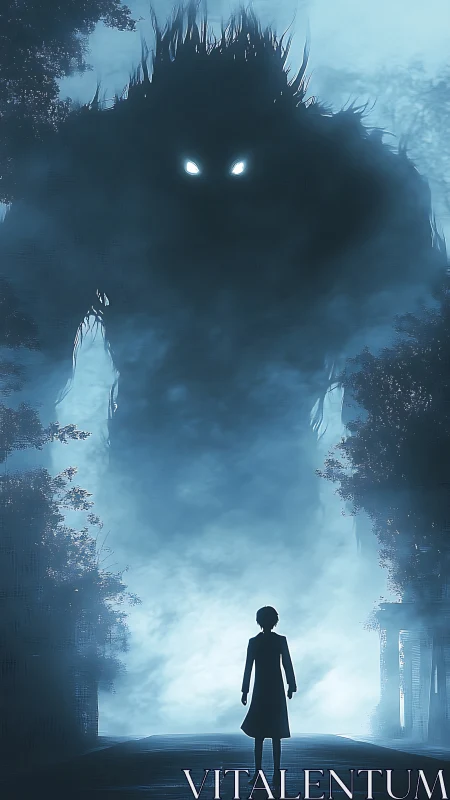 Silhouetted child confronts towering glowing eyed monster