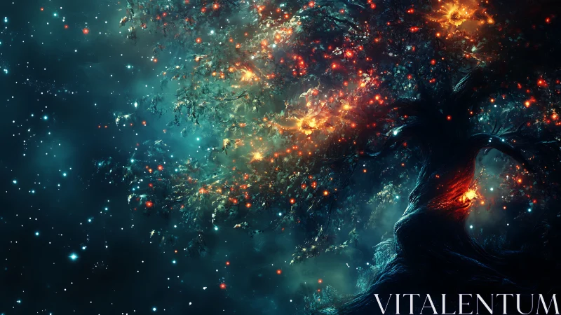 Cosmic arbor silhouette with luminous nebular canopy design.