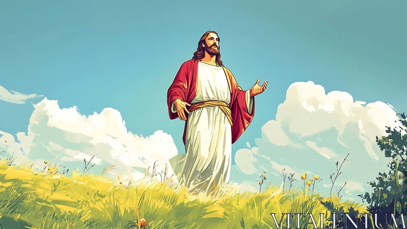 Serene robed figure walks in sunlit meadow beneath bright sky