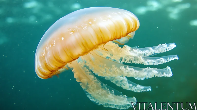 Golden jellyfish drifts serenely through sunlit turquoise water