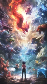 Dynamic digital painting of trainer confronting elemental beasts.