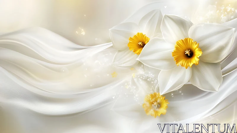 White Daffodils with Yellow Centers on Flowing Silk.