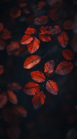 Crimson leaves suspended in deep twilight bokeh glow.