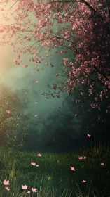 Spring blossoms drift softly across a misty forest glade