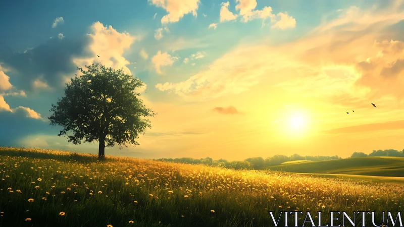 Sunlit meadow listens quietly while the lone tree dreams