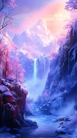 Snowy pink mountain valley with waterfall at sunrise.