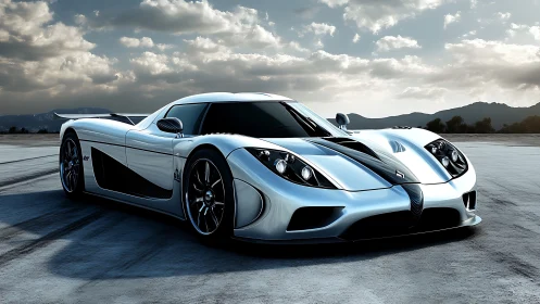 Silver and black sports coupe on open flat landscape.