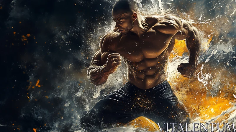 Digital painting of explosive muscular athlete in dynamic splash composition.