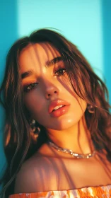 Close portrait of young woman in warm directional light.