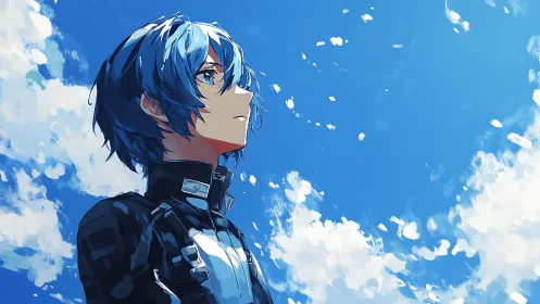 Blue haired anime soldier gazes upward under vivid sky