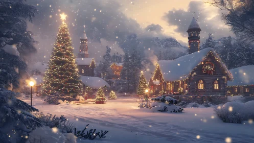 Snow covered village square with illuminated holiday trees.