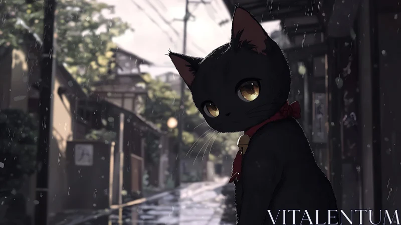 Golden eyed black cat waiting in a gentle rainy street.