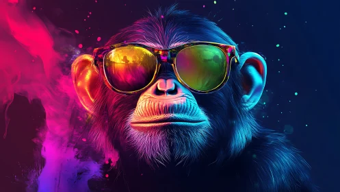 Neon-slick chimpanzee coolly patrols a cosmic color storm