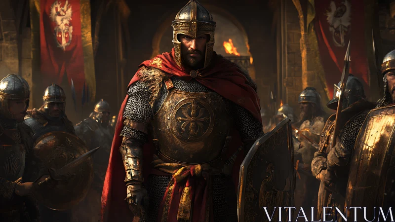 Steel-clad warlord strides through firelit fortress gates