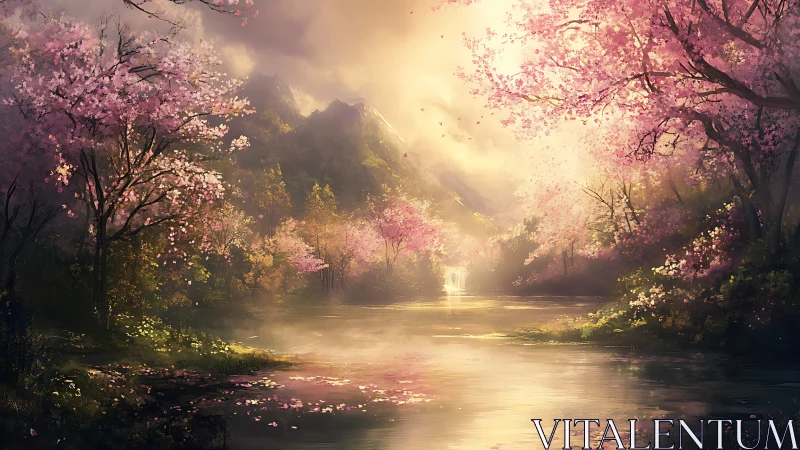Sunlit cherry blossom valley frames tranquil river bend