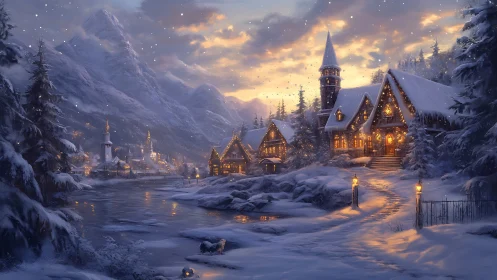 Snowy alpine village houses glow with warm evening lights