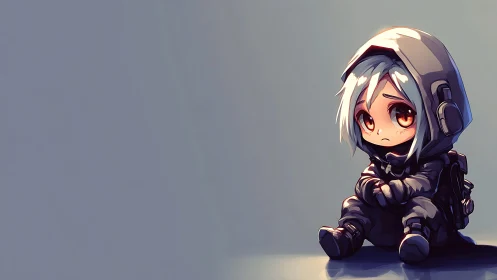 Lonely chibi astronaut sits in soft blue negative space.