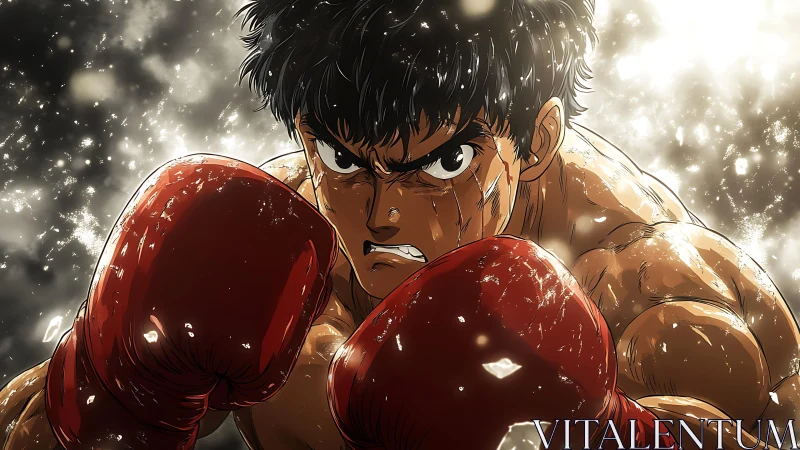 Athletic Boxer in Red Gloves Executing Aggressive Stance.