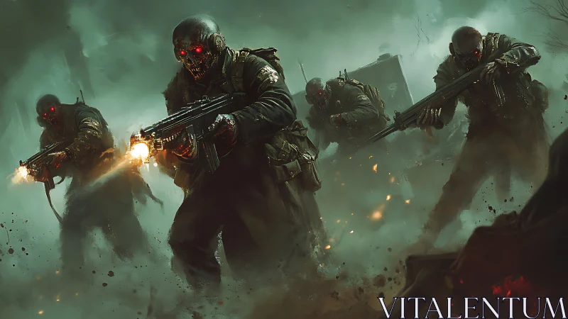 Undead soldiers advance through toxic fog on a war-torn field